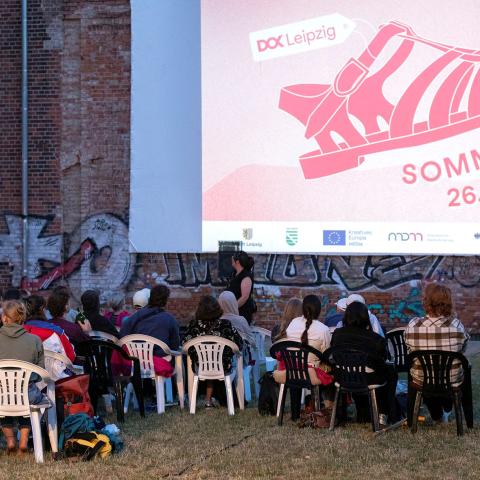 Eine Gruppe von Menschen ist von hinten zu sehen. Sie sitzen auf Plastikstühlen auf einer Wiese und schauen auf eine Leinwand. Auf der Leinwand ist das Motiv des DOK-Sommerkinos 2025 abgebildet. Es dämmert schon leicht, die Atmosphäre ist gemütlich und gelöst. 