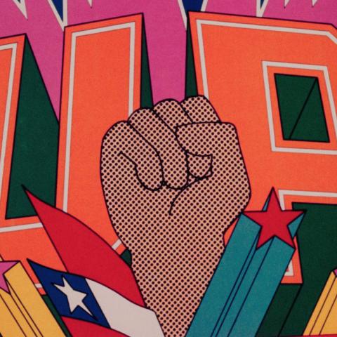 A colorful film still from an animated film with a pop art aesthetic: a clenched fist, with the letters “U P” in large letters behind it, the Chilean flag at the bottom, stars, and a hammer and sickle.