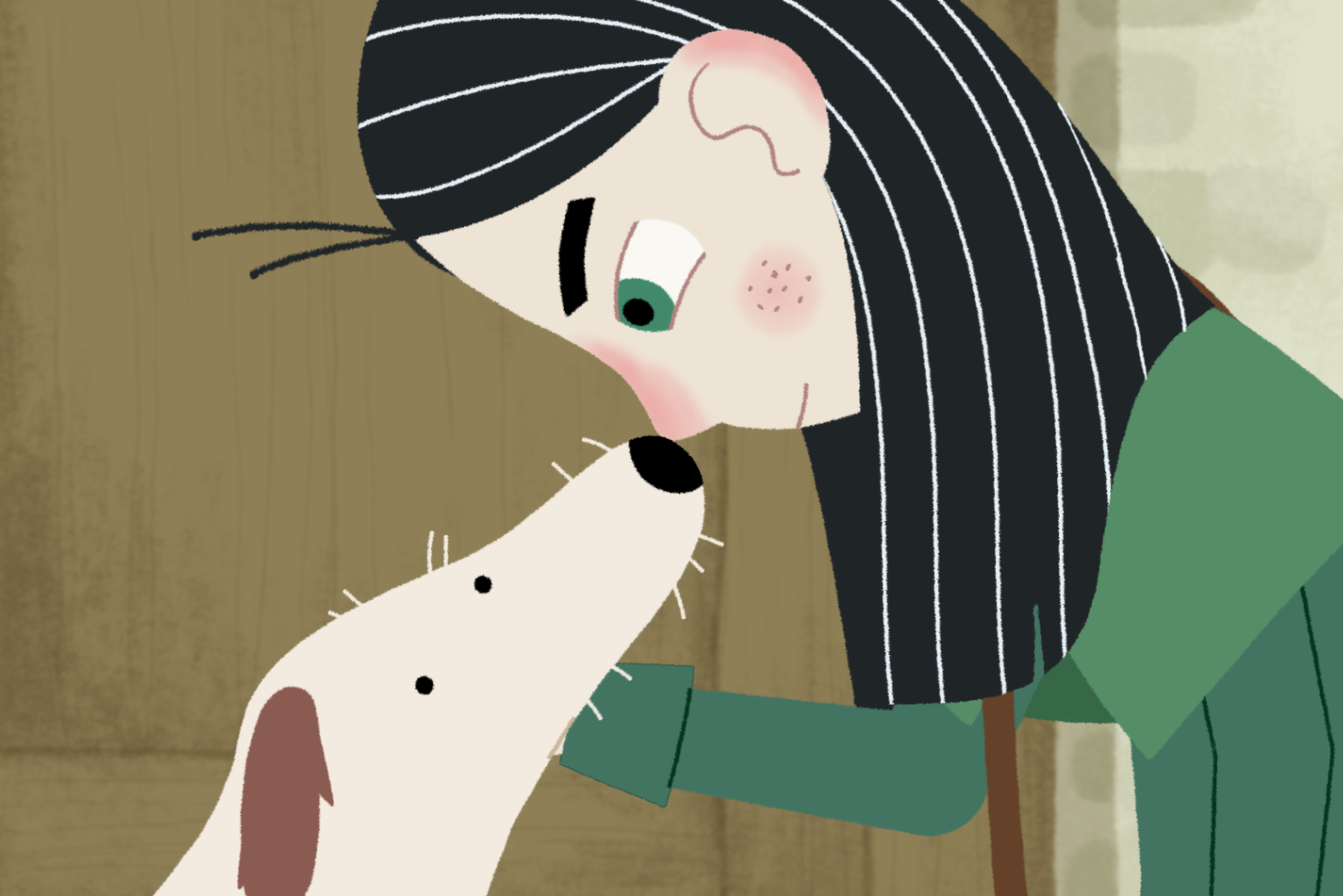 Illustration eines jungen Mädchens mit grünen Augen, sie berührt mit ihrer Nase die Schnauze eines kleinen weißen Hundes und streichelt ihn.
