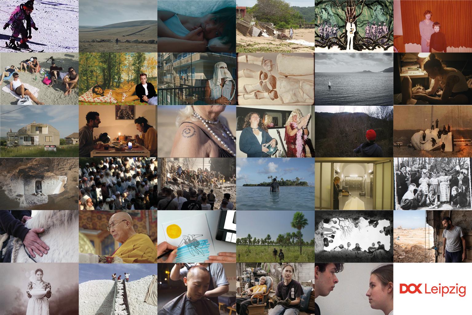 A collage of 35 film stills of all projects selected in the 2025 DOK Co-Pro Market