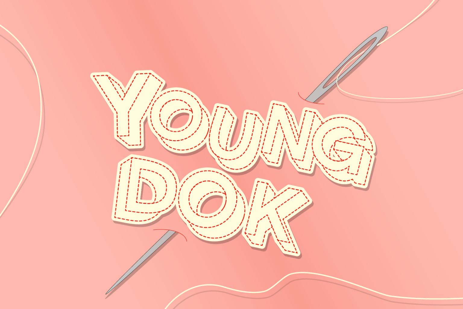 Illustration: The word young dok is stiched into a peach colored background by a needle