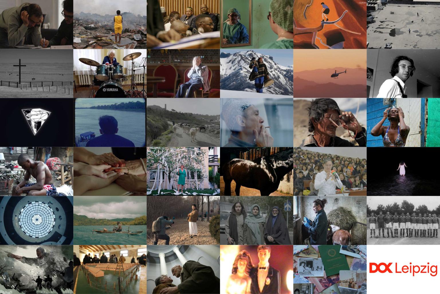 Bunte Collage aus 35 Filmstills und dem DOK Leipzig Logo