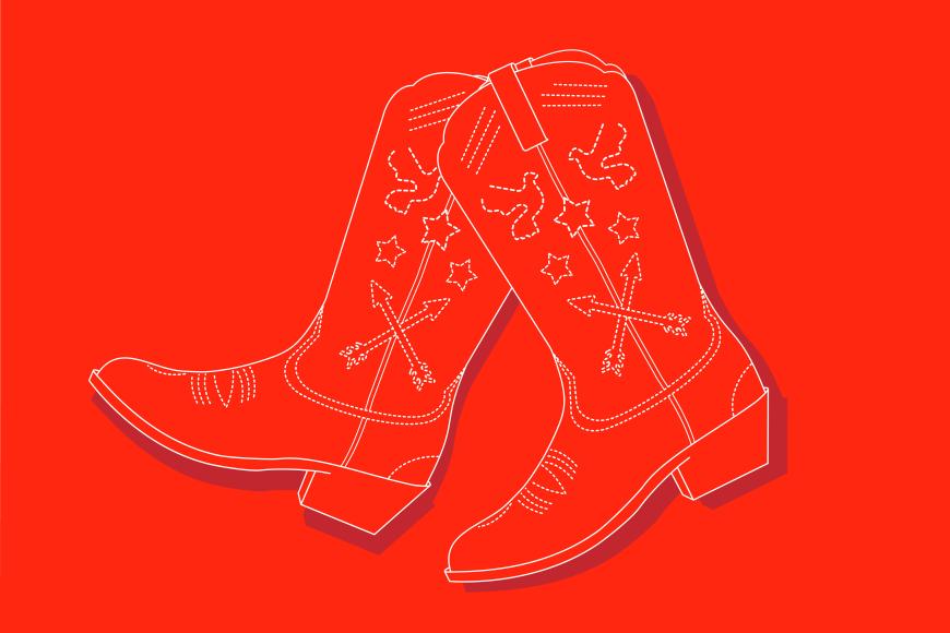 Eine Illustration eines Paar Cowboystiefeln mit Verzierungen wie Tauben, Sternen und Pfeilen auf rotem Grund.