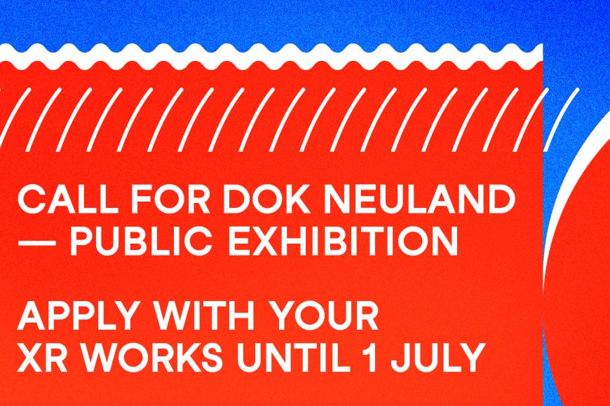 Illustration einer roten Dose auf blauem Grund mit dem englischen Text: Call for DOK Neuland, Public Exhibition. Apply with your works until 1 July