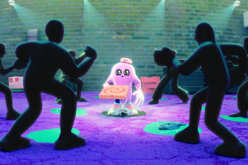 Filmstill aus Animationsfilm. Eine rosa Figur ist von dunklen Figuren umzingelt. Sie hält einen Pizzakarton in der Hand und einem ängstlichen Gesichtsausdruck.